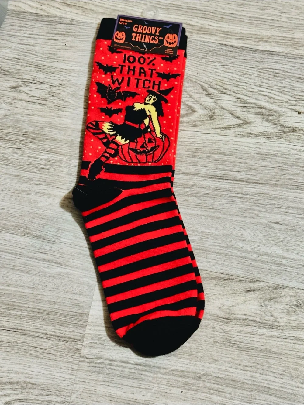 Halloween Witch Novelty Crew Socks — Orange & Black